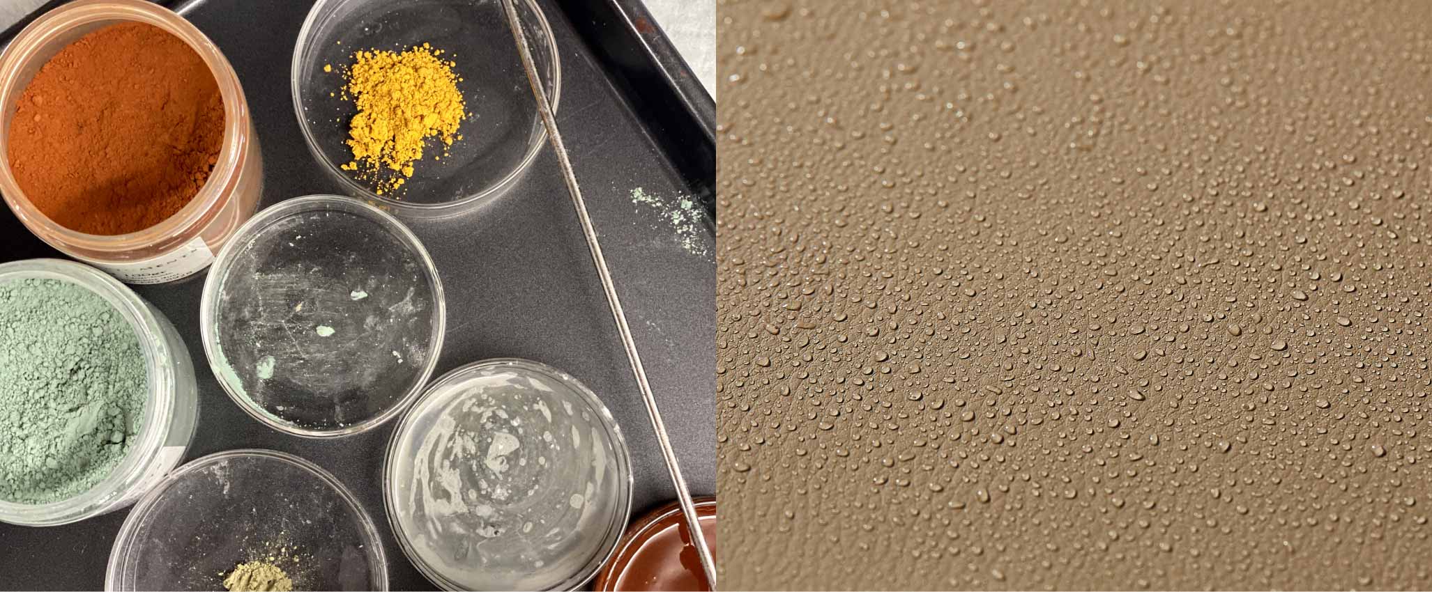 Tiled images: powdered pigments in jars, technik-leather with water droplets
