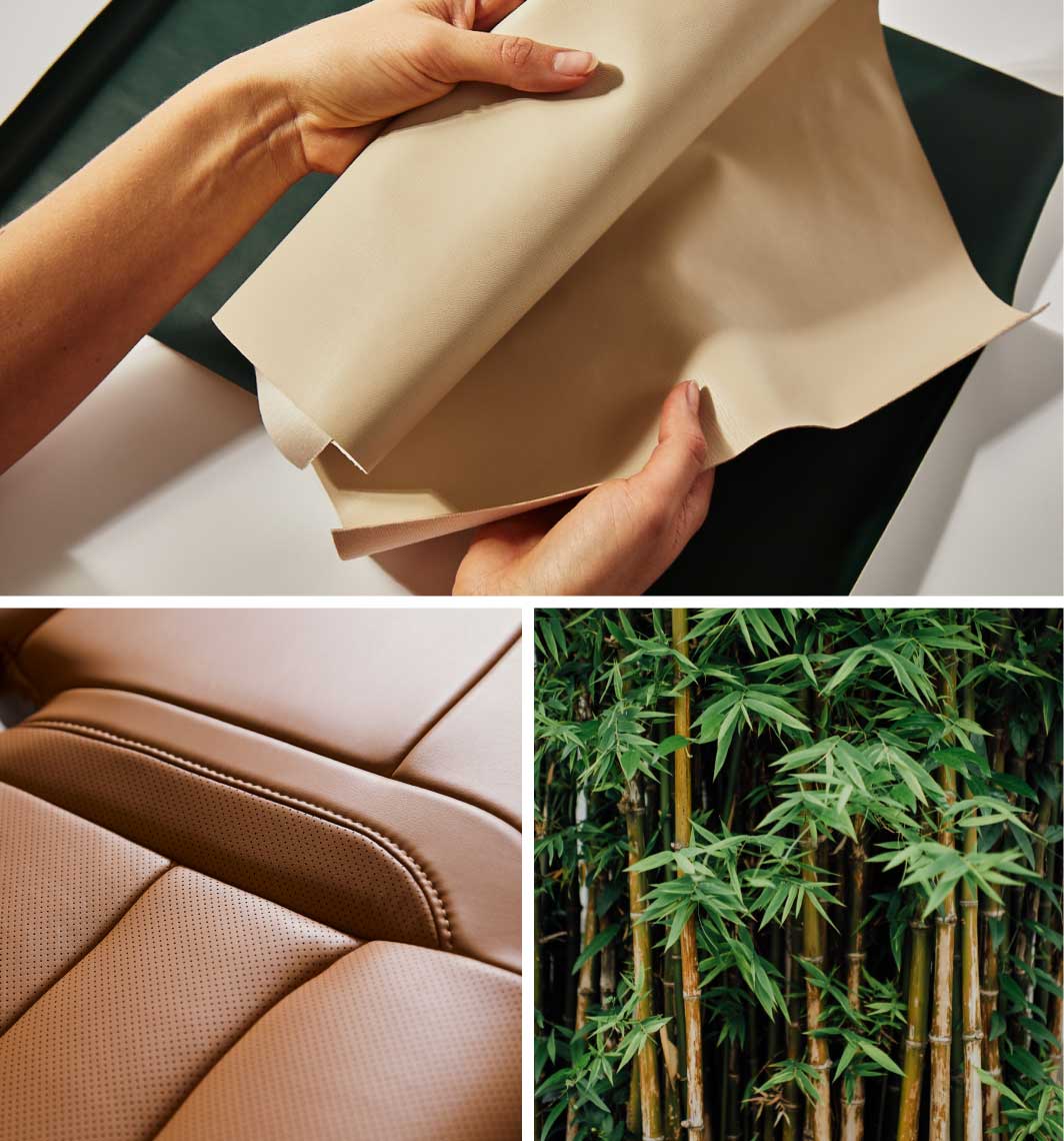 Tiled image: Hands holding material swatch, upholstered car seat, bamboo grove
