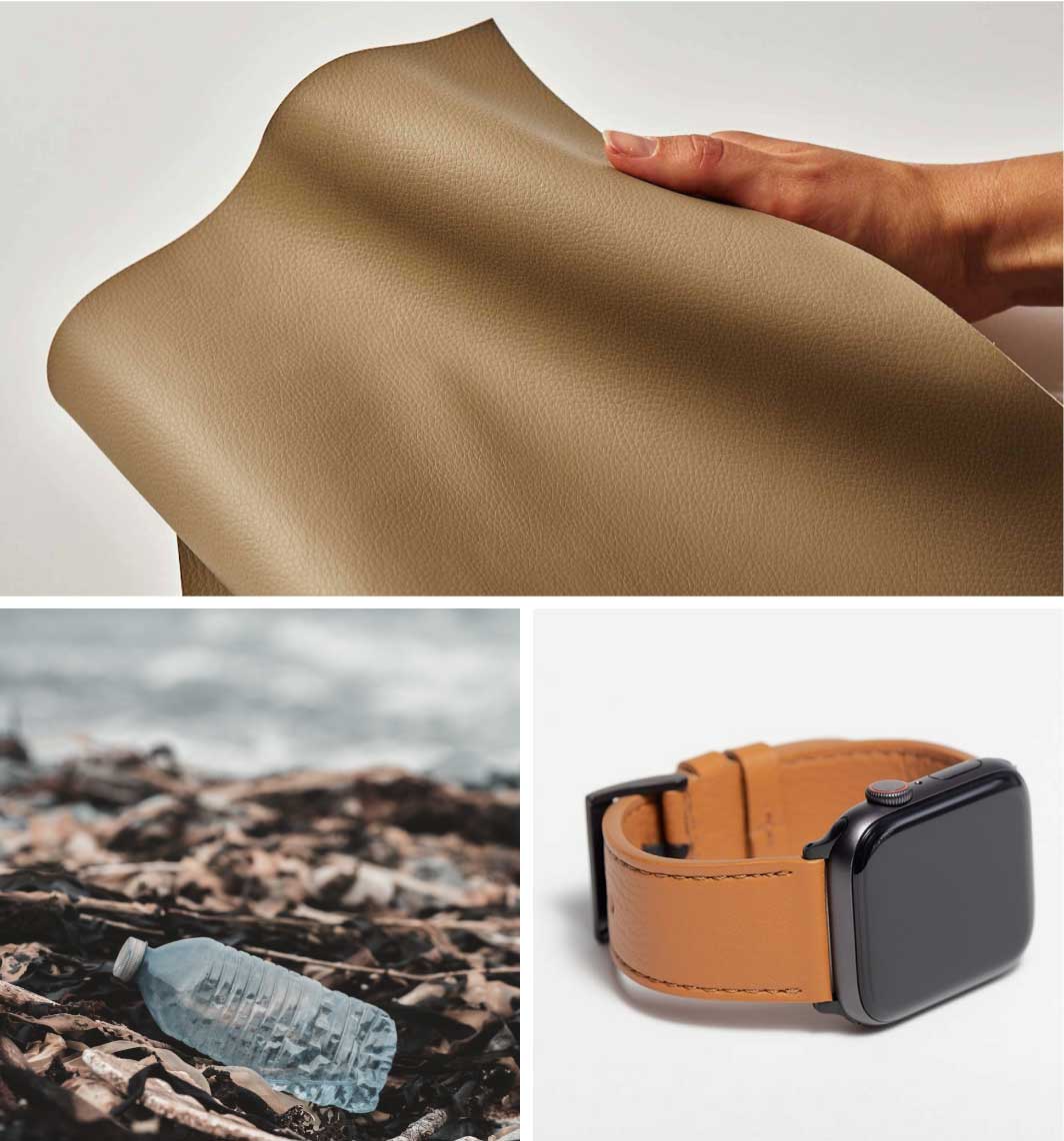 Tiled image: hand holding material swatch, plastic bottle on beach, apple watch with band