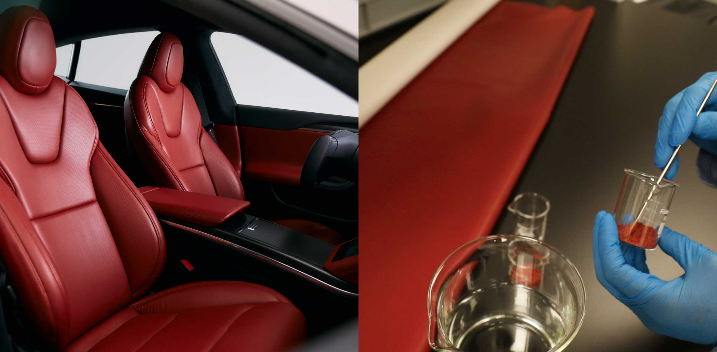 Image tiles: Serrano Red interior of a Tesla Model S, Chemist's hands mixing pigments in glass labware